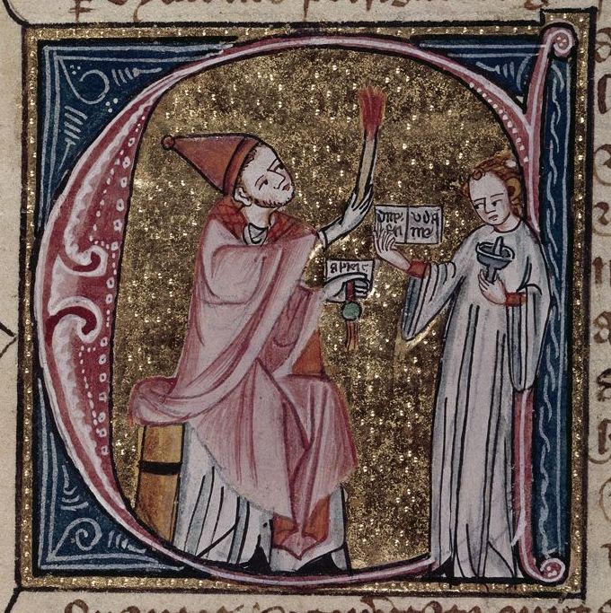 A bishop issues a sentence of excommunication, BL Royal 6 E VI f. 216v