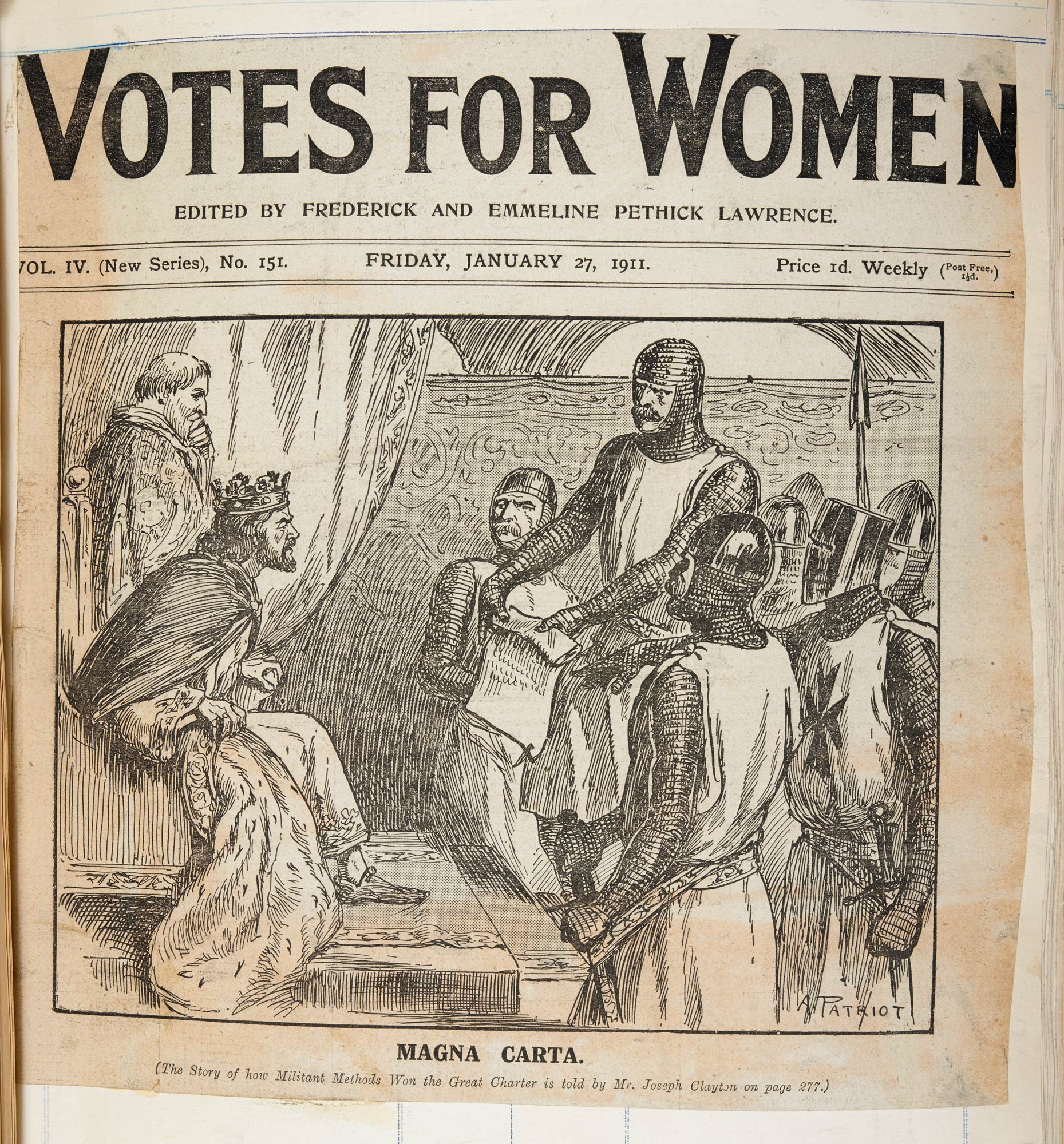 Cartoon captioned “Magna Carta” in Votes for Women, 27 January 1911 (held in the BL)