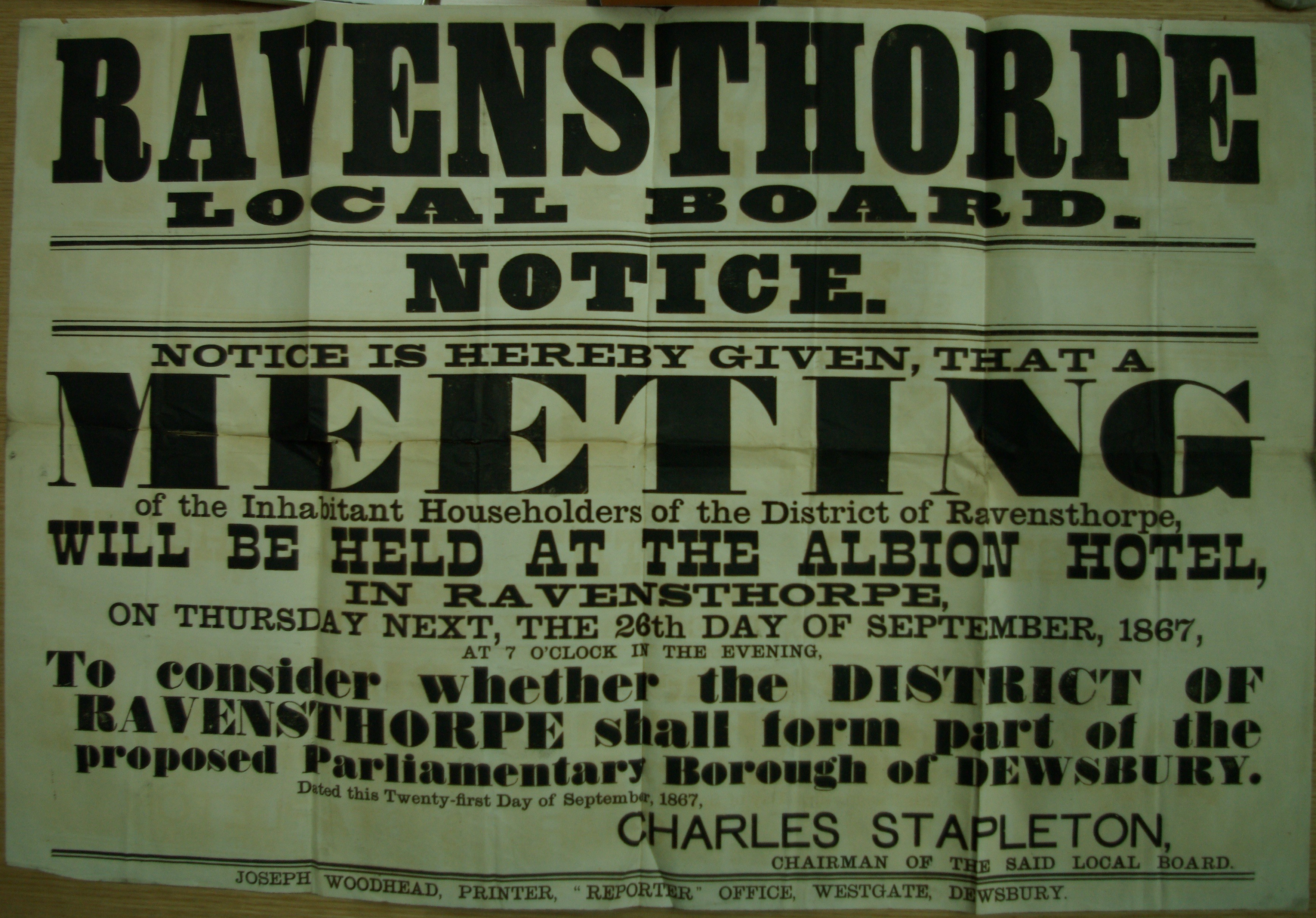 Public notice of a meeting in Ravensthorpe over the parliamentary Dewsbury (NA/T96)