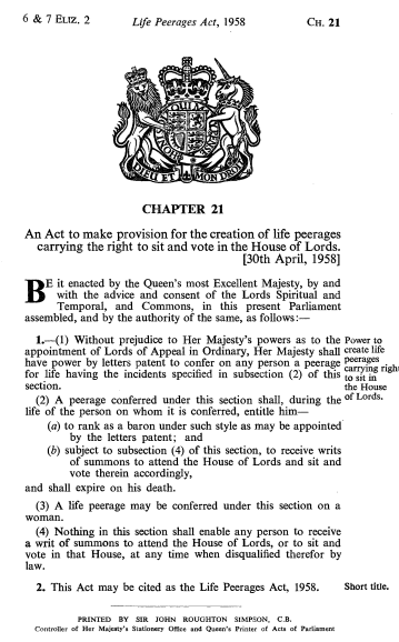 Life Peerages Act 1958
