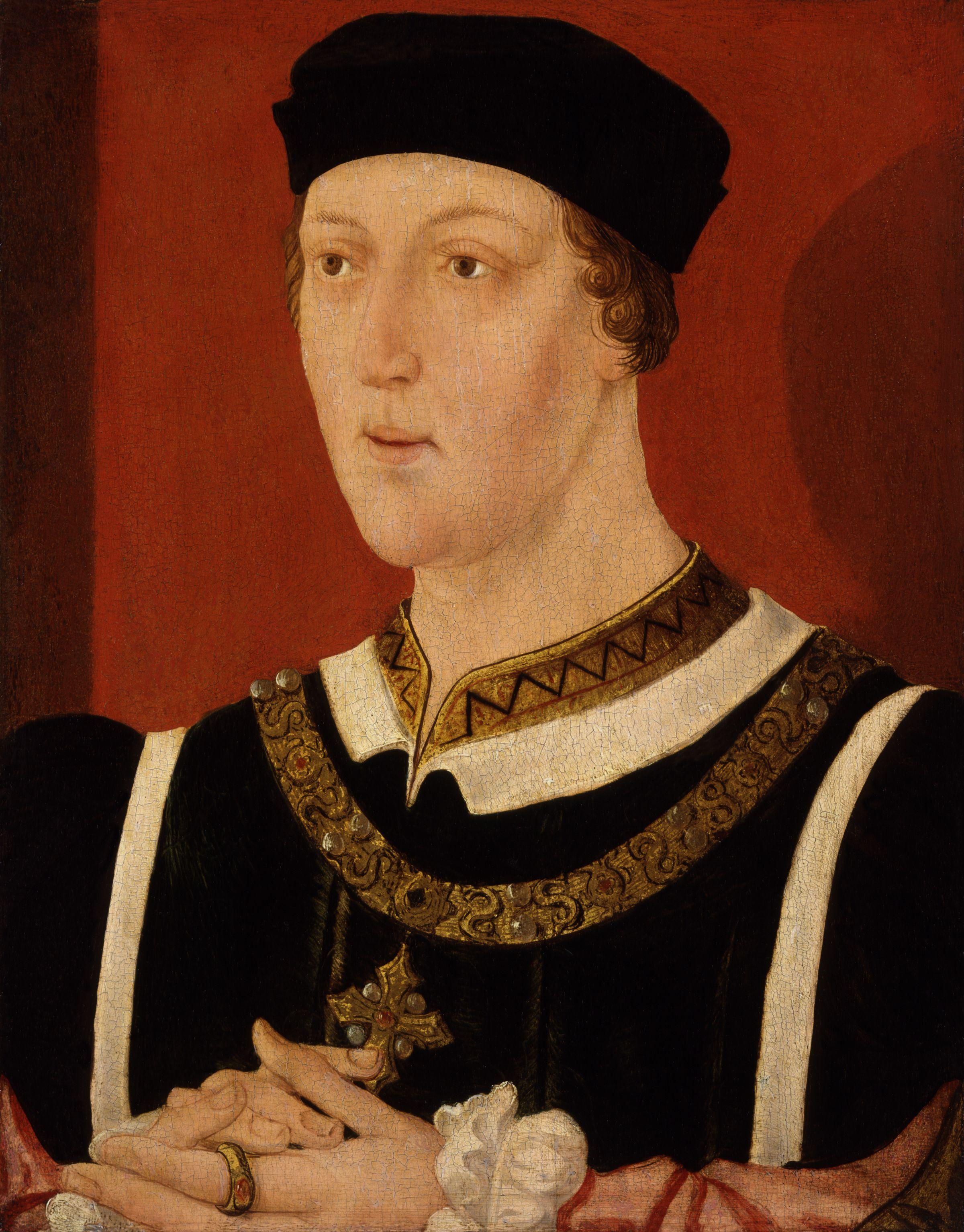 Painting of the bust and head of Henry VI. His clasped hands are half in view. He is wearing a black costume with two white lines on the outside of his body and a gold collar trim. He is wearing a gold coloured neck piece that has a cross attached and a black hat.