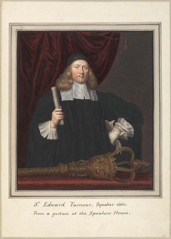 A watercolour drawing of Sir Edward Turnor who is dressed in black speakers' robes with white cuffs and neck. His left hand is gloved holding his other glove. His right hand is holding a scroll. The mace is laid down in front of him. It is captioned 'Sir Edward Turnour, Speaker 1661. From a picture at the Speakers House.'