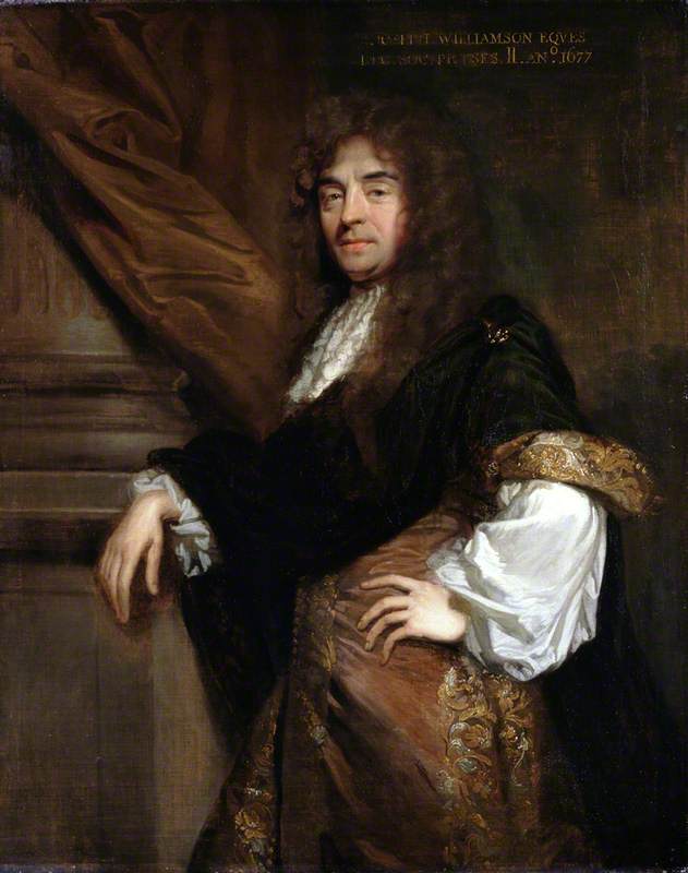 Three-quarter-length portrait oil painting of Sir Joseph Williamson leaning with his right arm against an architectural pillar, the upper portions swathed in a brown hanging. Williamson’s left hand is held at his hip. He wears a shoulder-length brown wig and a brown coat, embroidered in gold and silver, with a white shirt and lace neck-cravat. Over this, a green velvet cloak worn across the body and held at the shoulder by a jewelled clasp.