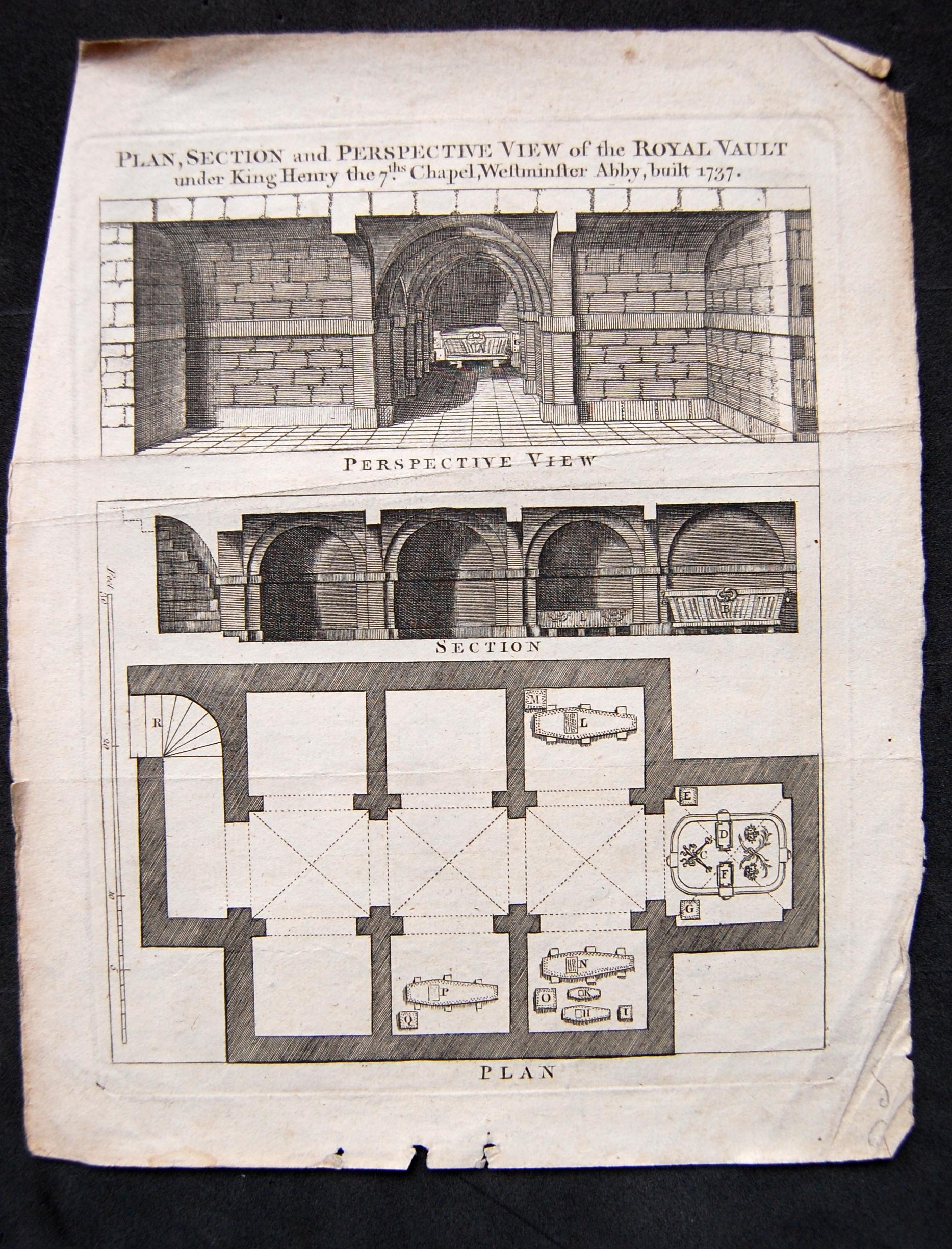 A sheet of paper titled: Plan, section and perspective view of the royal vault under King Henry the 7th's Chapel, Westminster Abbey, built 1737. Depicts plans of where coffins lie.