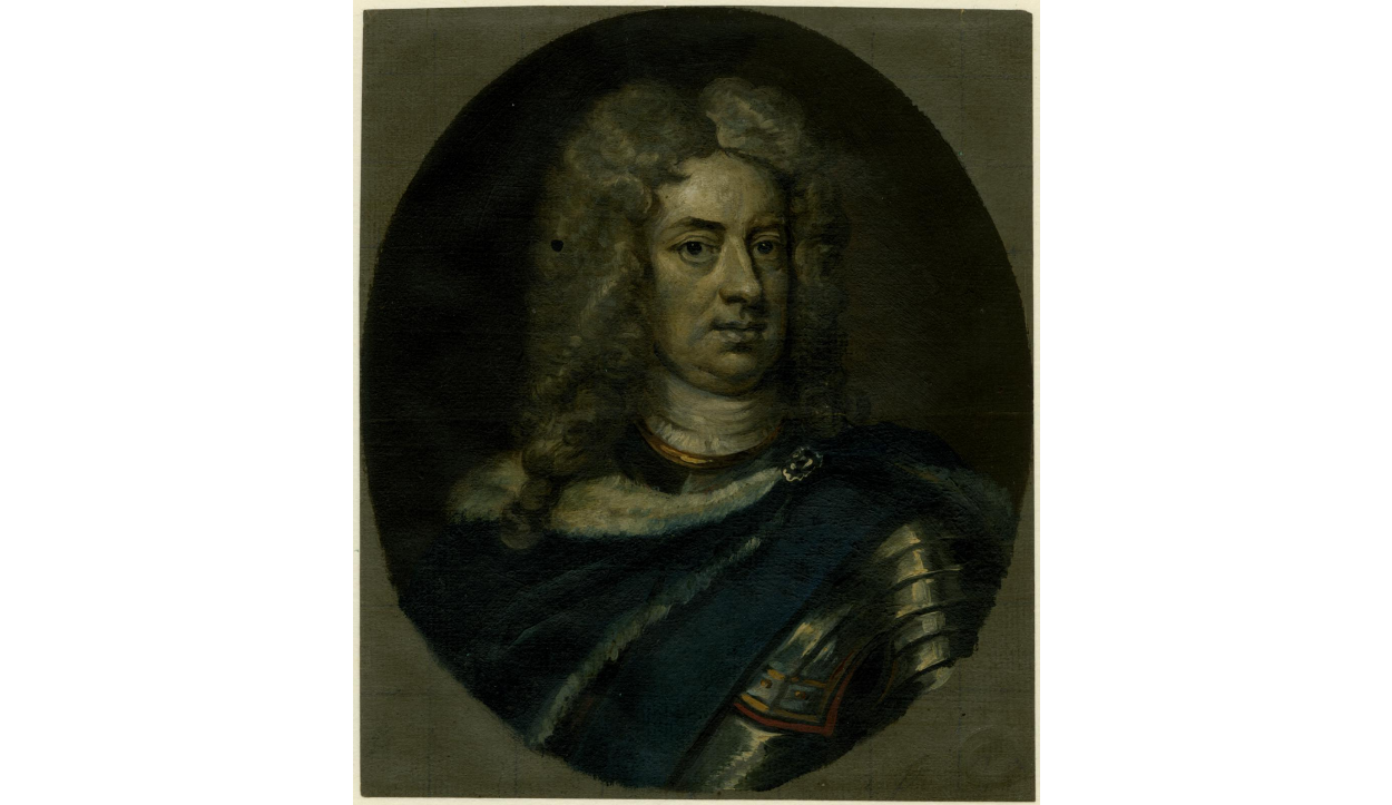 A portrait drawing of the bust of John Churchill. He is wearing armour and a dark blue mantle trimmed with white fur. He has a powdered full-bottom wig on.