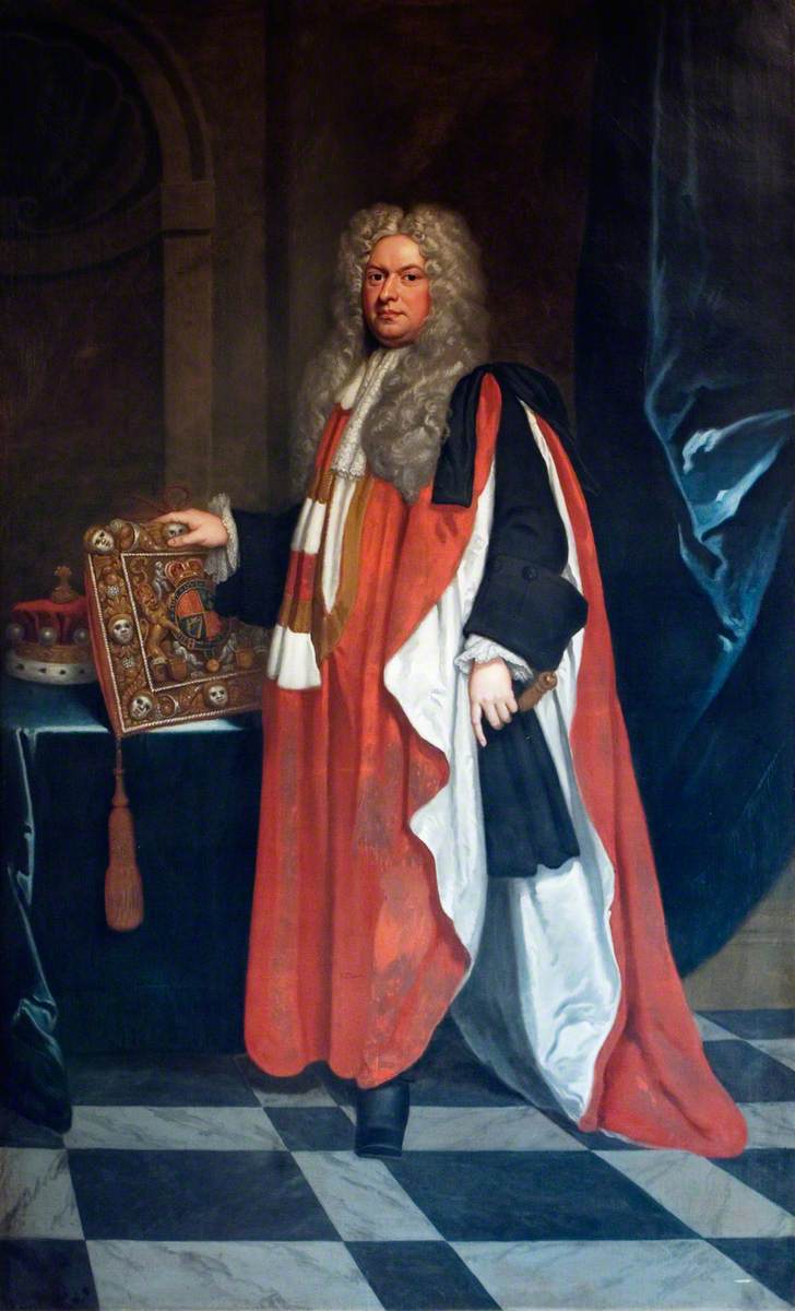 A full-length oil on canvas portrait of Thomas Parker. Wearing a long grey wig, and red and white robes. His right hand holds onto the chancellor's purse which sits on a table dressed in blue cloth with a crown on top of it.