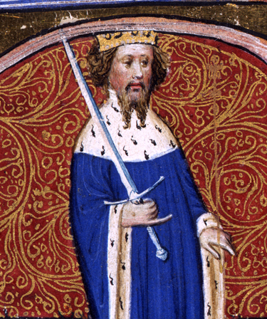 An illuminated initial letter that depicts Henry IV wearing a crown and a blue robe with a white fur trim. He is holding a sword with his hand apart from his little finger.