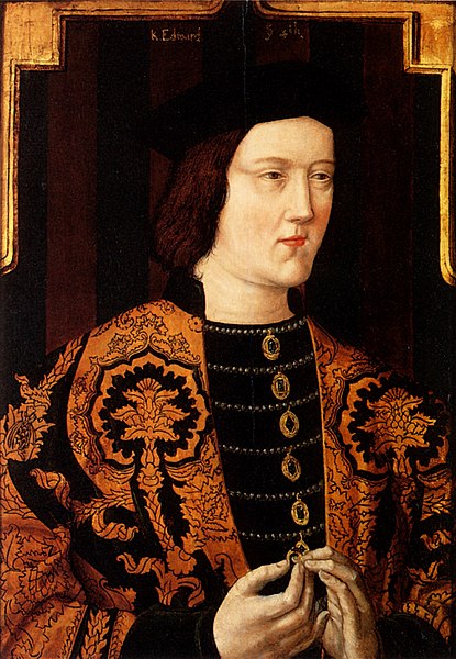 Painting of the upper half of Edward IV with hands together. Wearing an orange and black robe.