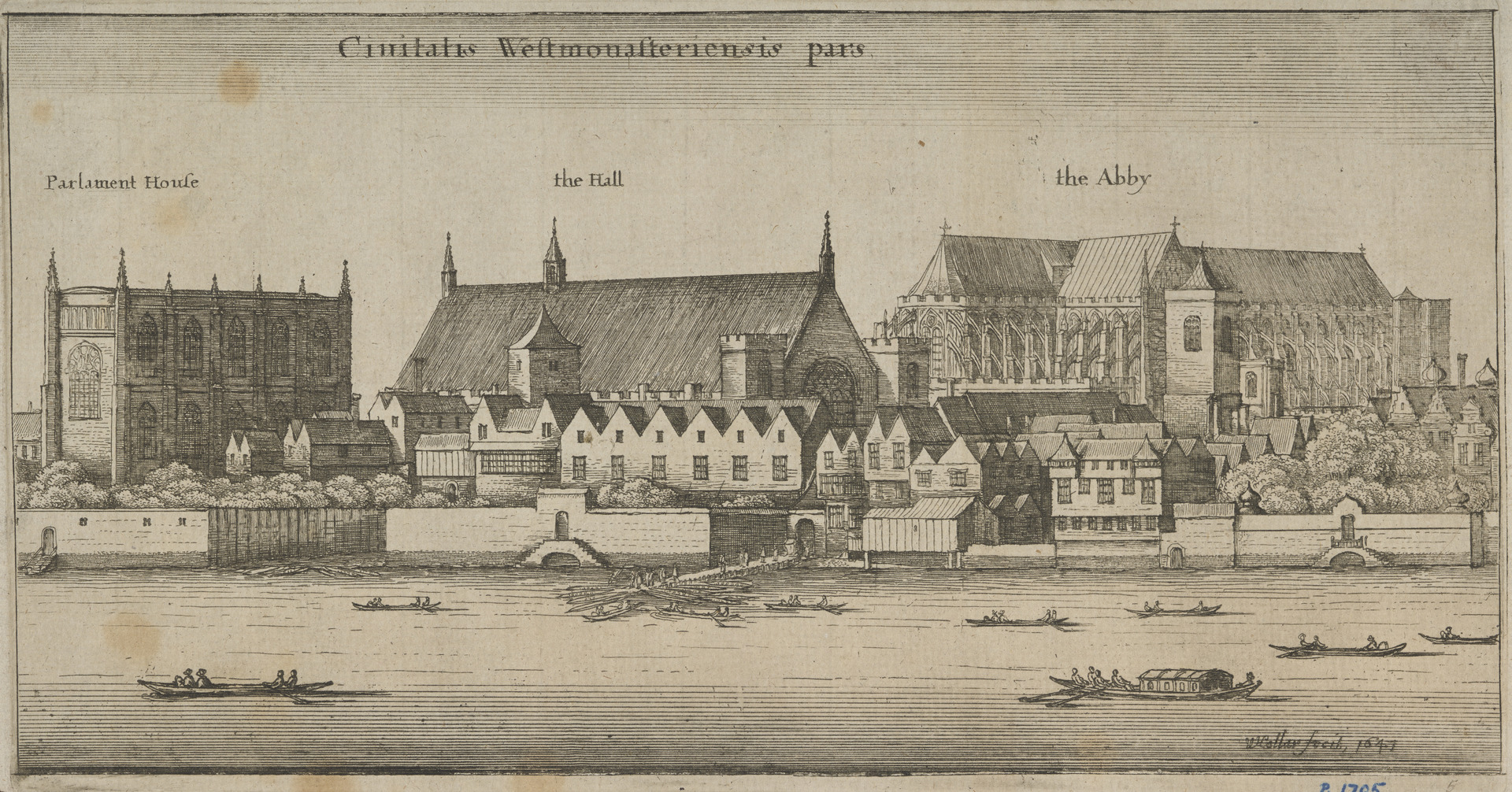 Etching on discoloured parchment of Parliament House, Westminster Hall and Westminster Abbey, from left to right, as seen from the south bank of the river Thames. Smaller residences are directly on lining the river bank, in front of the larger Parliament buildings. A jetty is extending into the water and a number of boats are drawn on the water.