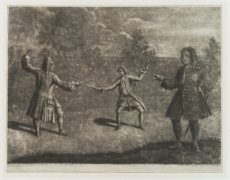 A mezzotint (copperplate) print of James Douglas and Charles Mohun duelling with swords. The backdrop is a faded Hyde Park. There is a figure towards the front of the print pointing at the duel.