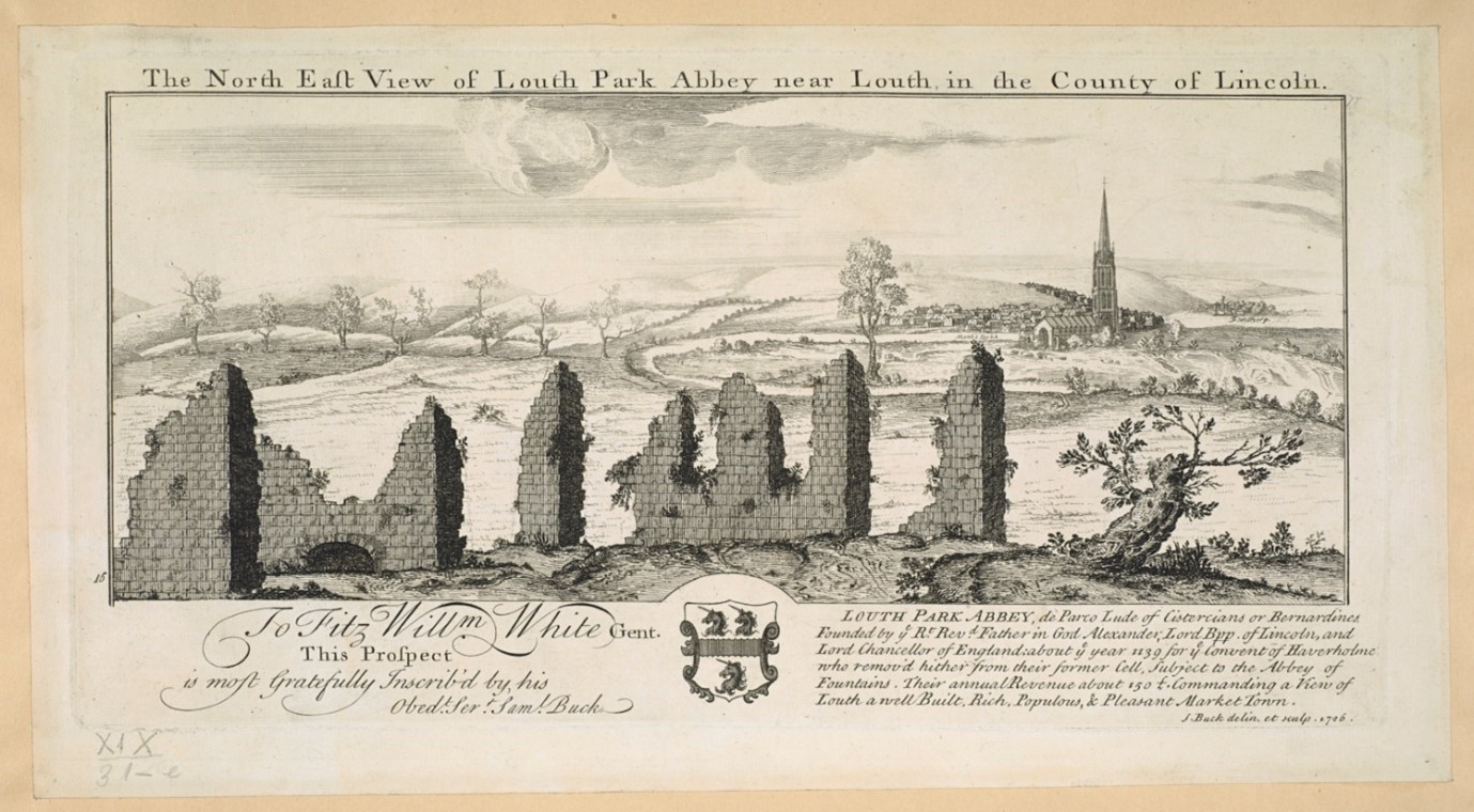Ruins of Louth Park Abbey shows a few meagre segments of the abbey walls still standing, much overgrown, with the masonry crumbling. These ruins are contrasted with the ‘Populous, & Pleasant’ town of Louth beyond, with the spire of St. James’s Church rising above the neat houses.