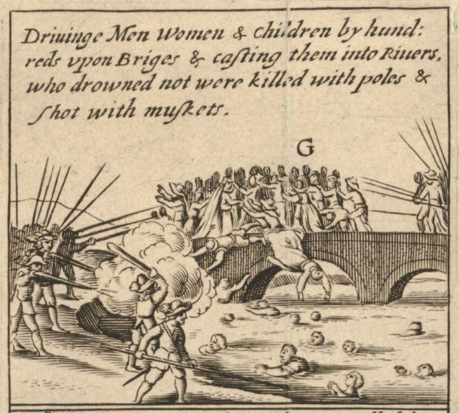 A representation of the Portadown Massacre. There are men with muskets, sharp poles, and bats forcing people onto a bridge, and then into the river below. Some of the men are preventing people from swimming onto the river bank. There is writing at the top of the page: "Driuinge Men Women and children by hund: reds upon Bridge and casting them into Rivers, who drowned not were killed with poles and shot with muskets."