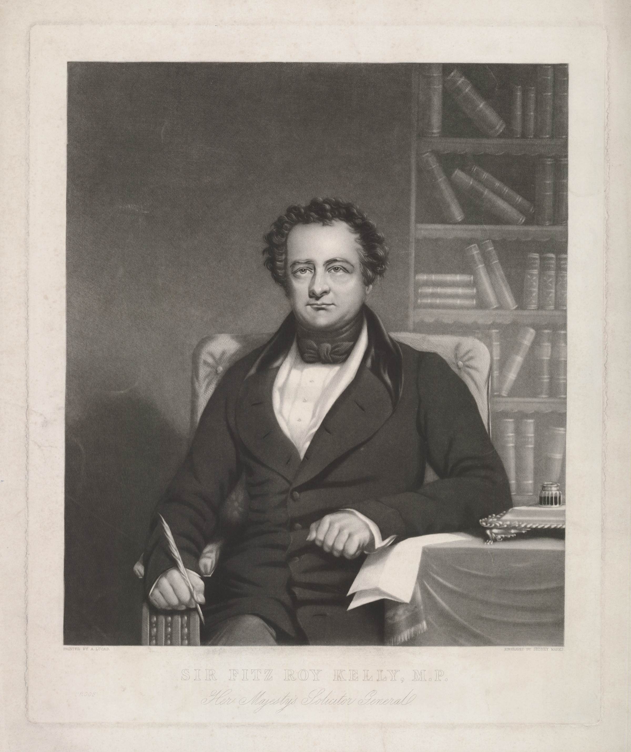 Black and white mezzotint of a white man with short curly hair and clean shaven face. He is wearing a white shirt with a dark neckpiece and black jacket. He is sat on a chair his left arm is leant on a table covered in a cloth and parchment, his right arm is lent on the armchair and is holding a quill. There is a bookcase with books both stood up and laid down in a stack behind him.