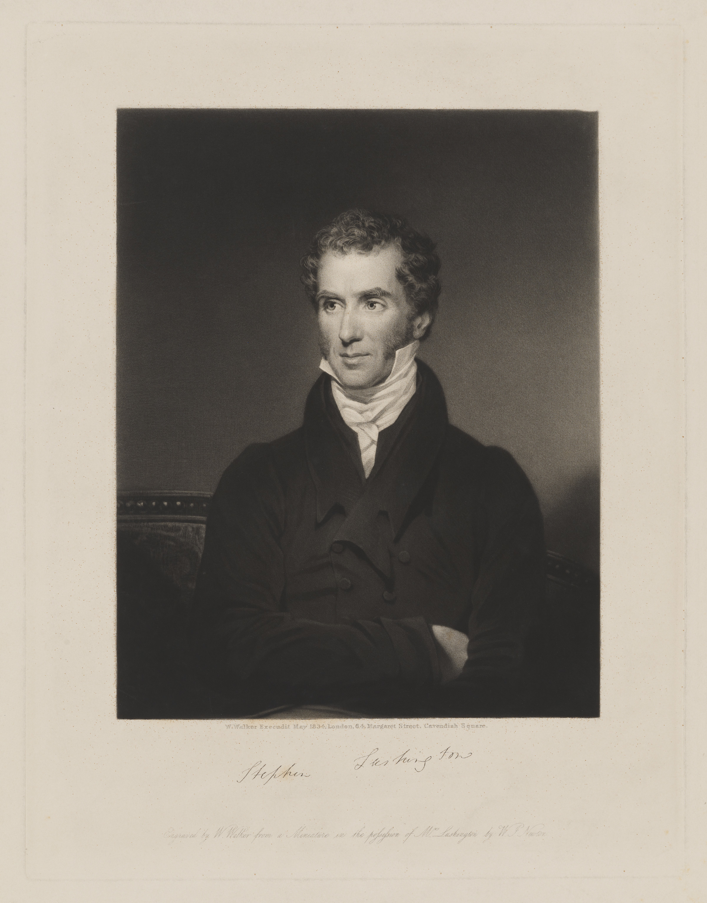 Black and white mezzotint of a white man with short curly hair and mutton chops. He is wearing a high collared white shirt and black jacket. His arms are crossed and there is a glimpse of his right hand. He is sat on a chair. The back of the chair and the upper half of his body are in view.