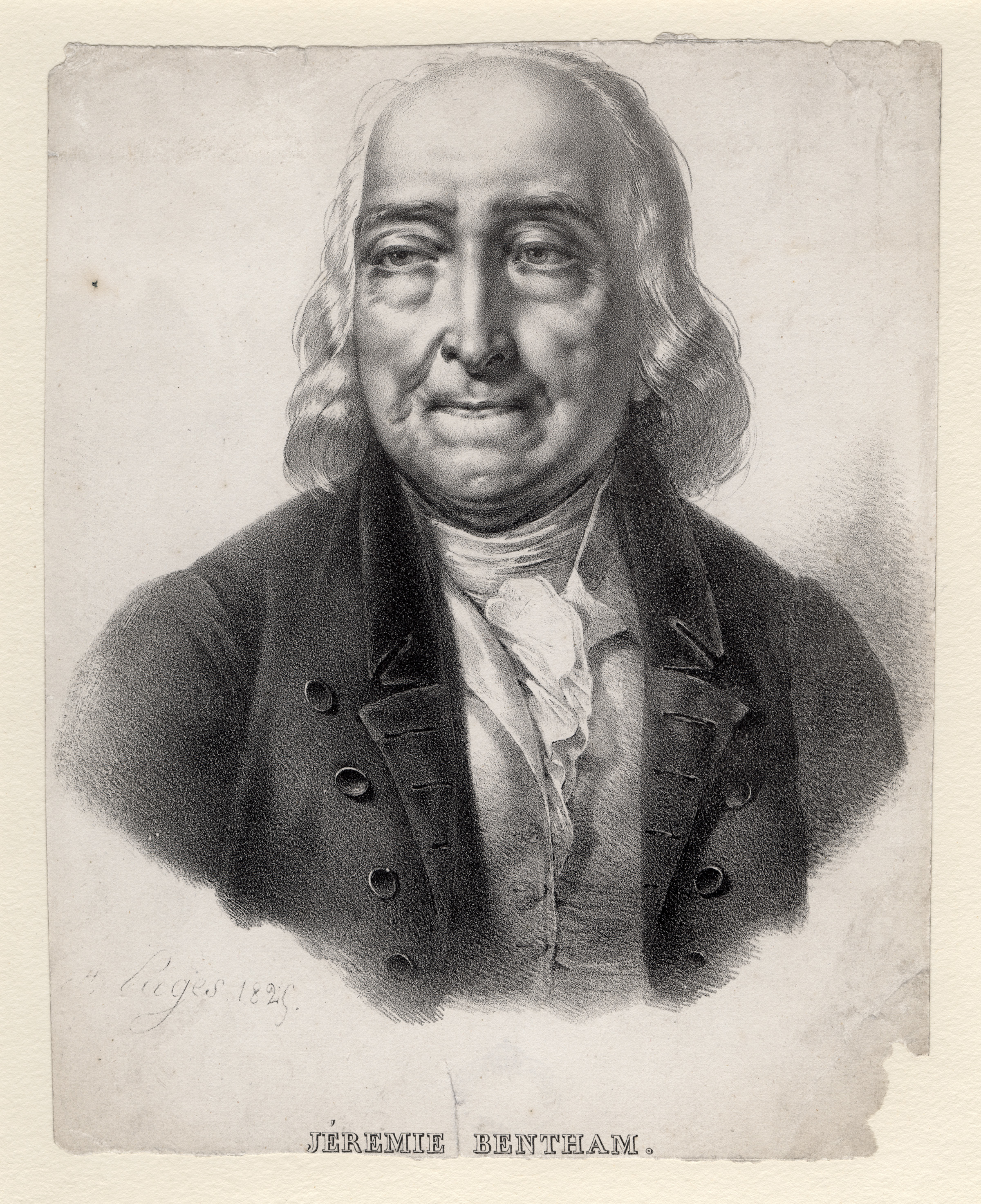 Black and white litograph of a white man with shoulder length white hair that is receding. He is wearing a white shirt, white cravat and black jacket. He has a small smile. His chest, shoulders and head are in view. The background is blank.