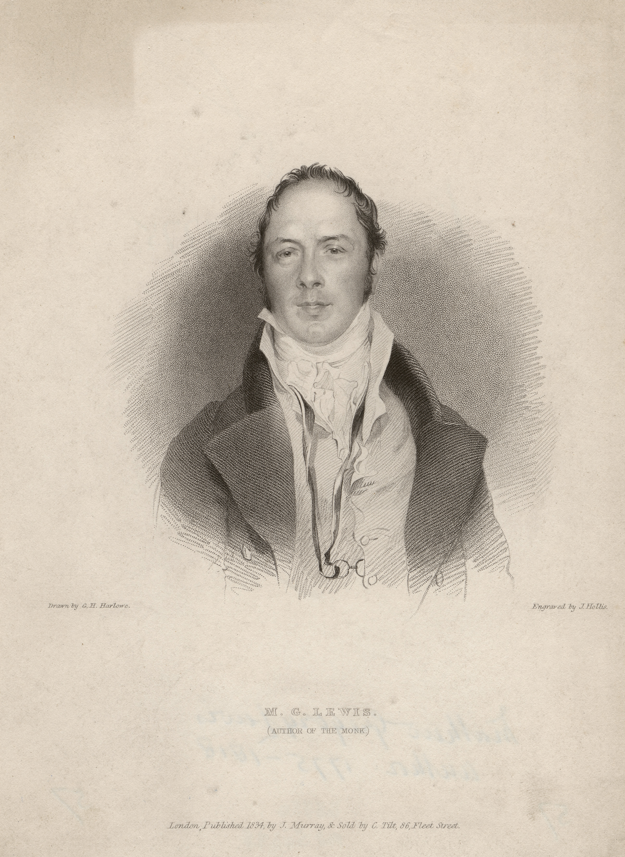 Black and white stipple engraving of a white man with short dark hair that is receding. He is wearing a white shirt, white cravat and black jacket. His chest, shoulders and head are in view. The background is blank.