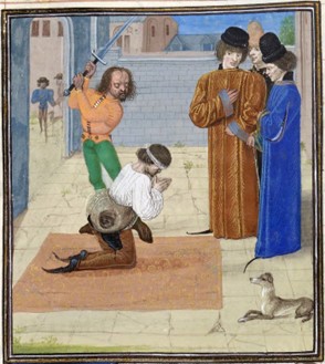A painting of inside a building. Outside the arch shaped doorway are two people and a dog shape. There are buildings, blue sky, and a tree that can be seen through a window. Inside the room is a man knelt on a rug on the floor with his hands in prayer and blindfolded. Beside him is a man wielding a sword ready to execute the man kneeling. There are three people stood off the rug looking at the knelt man. there is also a dog laying down by the people stood.