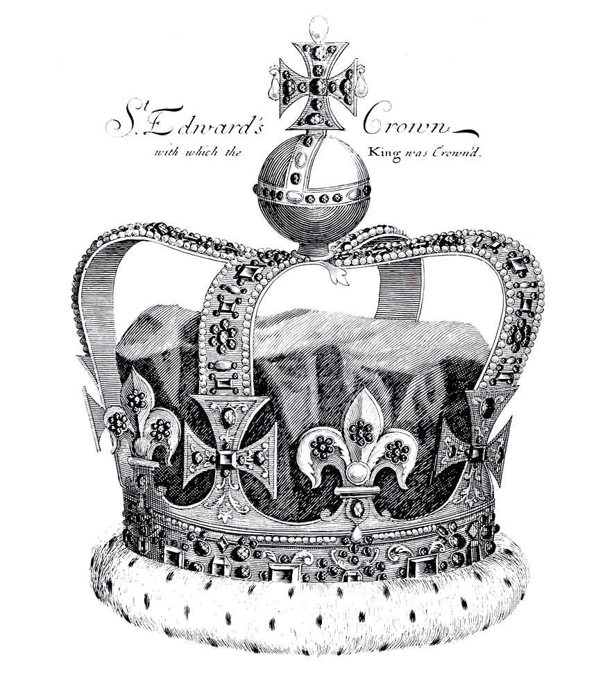 A drawing of a crown. It is shades of grey and white. The frame of the crown is decorated with lots of jewels and beads. Above the band are four crosses-pattée and four fleurs-de-lis which are decorated with jewels and beads. At the top of the crown is a ball and cross-pattée.