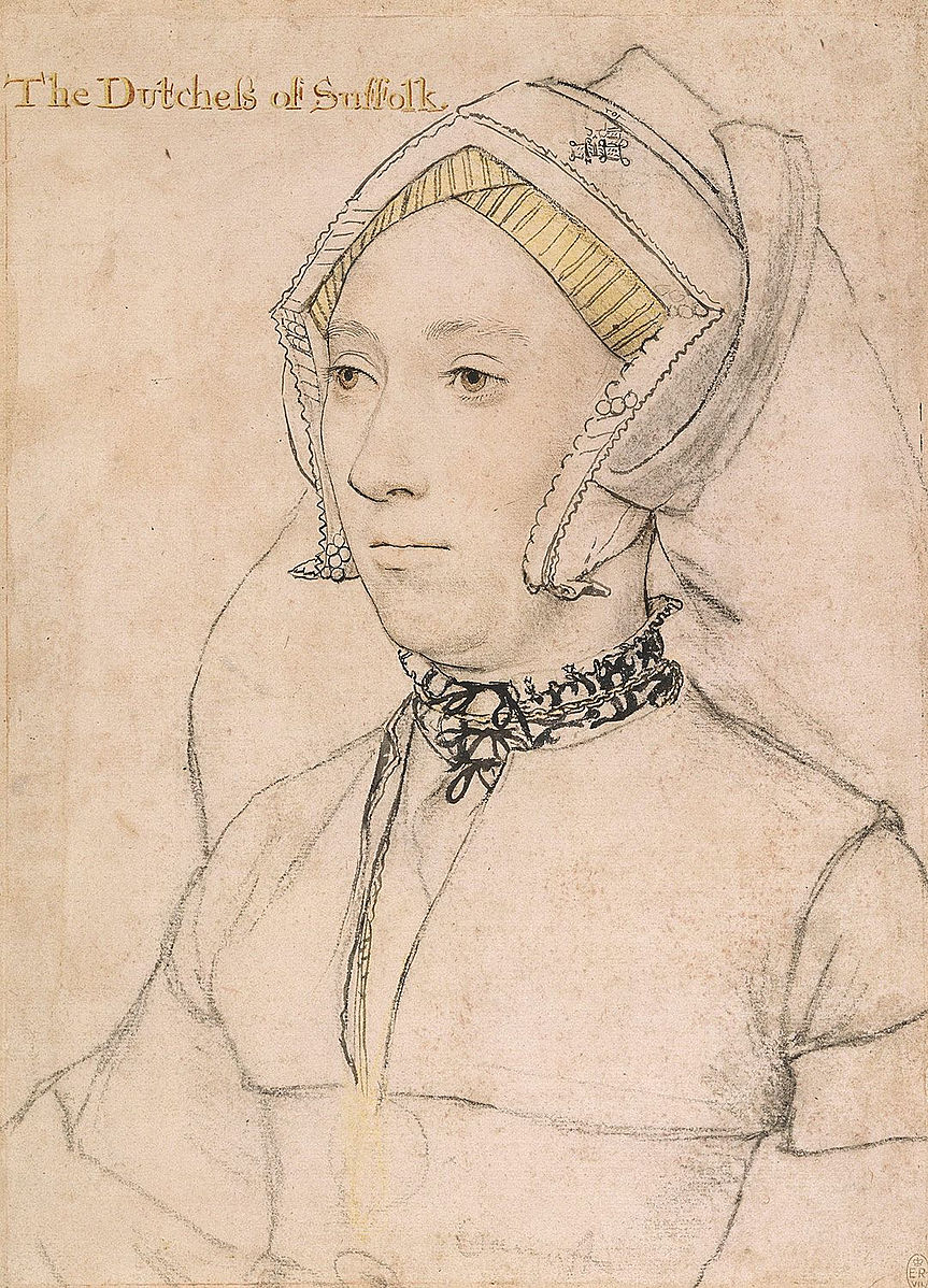 A chalk portrait drawing of a woman. A bust length portrait facing three-quarters to the left. She wears an embroidered collar, necklace and a medallion. Inscribed in an eighteenth-century hand at upper left: The Dutche?s of Suffolk.