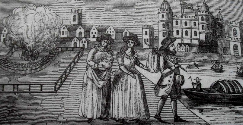 A black and white drawing in landscape with four people in the centre. Two are women on the left, a man on the right, and the woman on the furthest left is carrying baby. They stand next to water, where a few boats can be seen. In the background are buildings including a church.