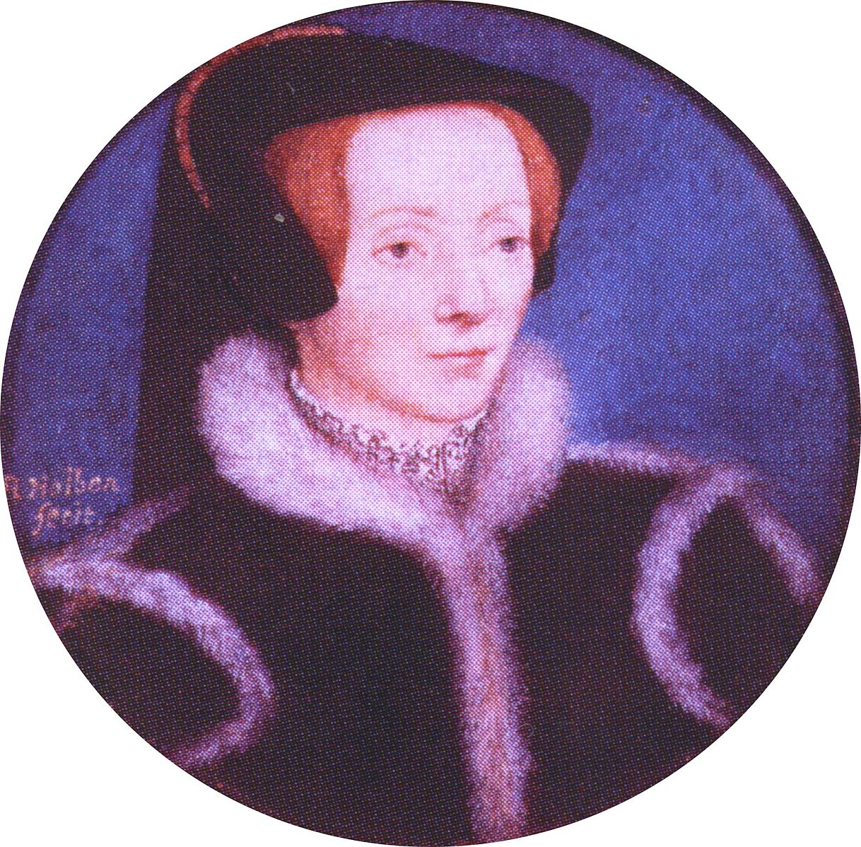 A miniature painting of a white woman in an circle. The woman is wearing a black headdress edged with gold and a black velvet dress trimmed with white fur, she has ginger hair, and the background is blue. 