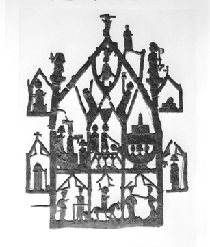 An image of a black carved panel. There are segments of different things going on all shaped together in a house-shape. There are people in the segments and in one segment is an animal. The centre segment depicts and execution.