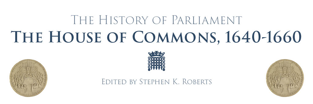 The History of Parliament: The House of Commons, 1640-1660. Edited by Stephen K. Roberts. There is a portcullis symbol between the title and edited. And on the edges is a Parliamentary seal that depict people sitting in the House of Commons.