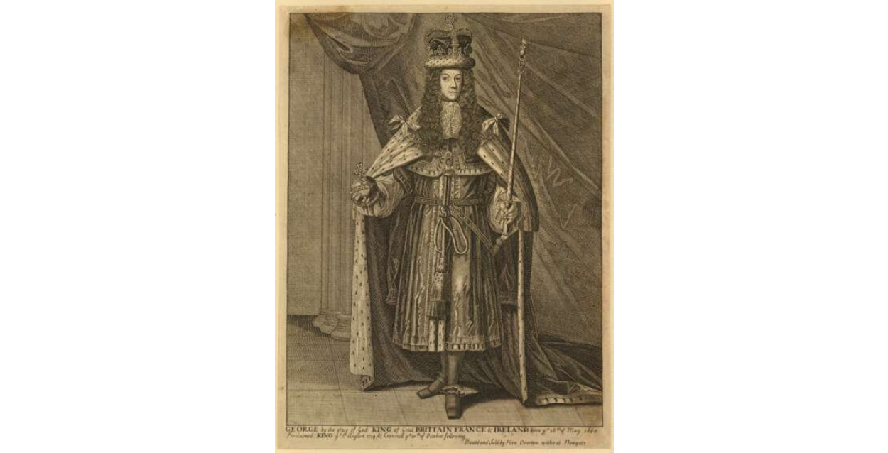 A print of a King who is a white man and has long, dark, permed hair. He is wearing a crown and holding an orb and sceptre. He is stood up wearing long robes that trail on the floor. There is a large curtain in the backdrop. 