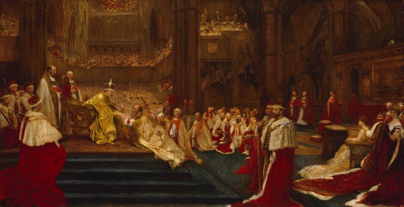 A painting of Edward VII's coronation inside Westminster Abbey. Edward is sat on a throne up some stairs to the left of the image. Behind him are two bishops. There are many members of the House of Lords in their robes stood and kneeling in front of the king. In front of Edward is a man giving homage to the king - lying across the steps and clutching the king's hands. There are many people stood in the galleries around the abbey