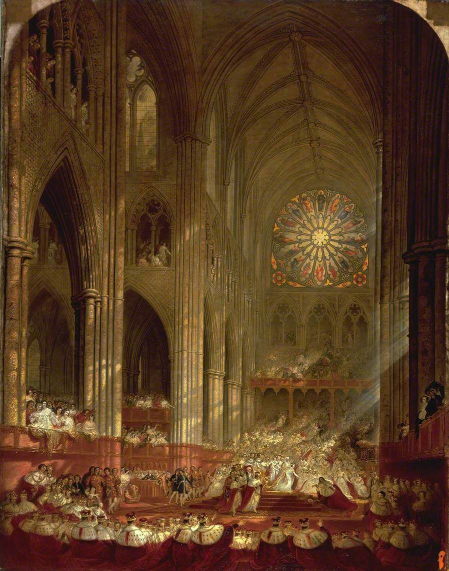 A painting of Westminster Abbey. There are figures in red robes with a white trim on the floor and people higher up in the sides wearing formal attire. The ceiling is high and there is a large stain glass window.
