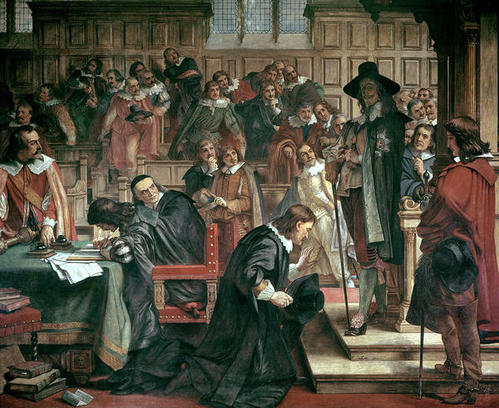 A painting of the House of Commons' chamber. There are men sat down writing, men stood up next to their seats, Charles I stood by the Speaker's chair and William Lenthall knelt in front of him.