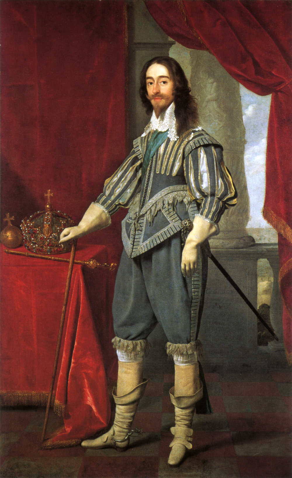 An oil portrait of the full-body of a white man - Charles I. He is standing next to a table covered in a red cloth. On the table is the crown, sceptre and orb. 