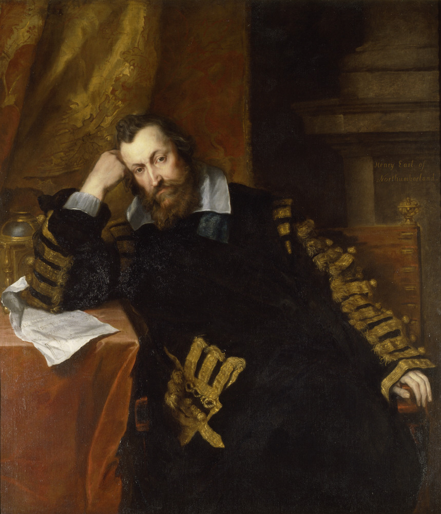 A three-quarter-length posthumous portrait, seated, full face, with his right elbow on a table, his head on his hand. He is wearing a deep brown mantle, with a green lined collar and gold laced sleeves. His elbow rests on a sheet of paper with diagrams and explanations of Euclidian geometry (a treatise of Archimedes) on the red table cover, with a casket to the left and a golden curtain behind his head with a column to the right. An elaborate clock, perhaps alluding to his time in prison, can be seen at the left back.