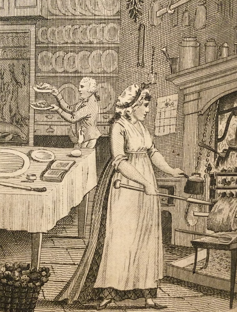 A frontispiece showing a woman at a kitchen fire with a pot. In the background is a table with dishes and an open book. A man holds to plates in front of him. 