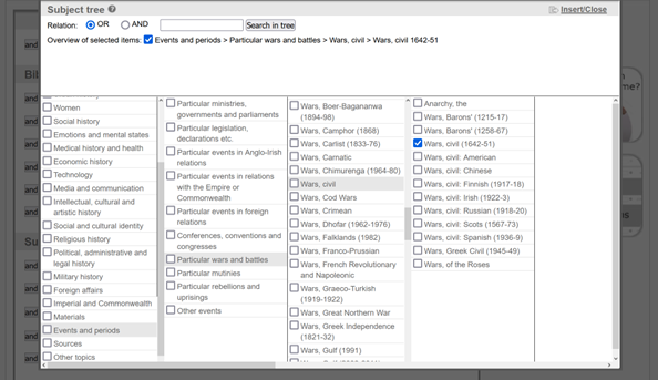 A screenshot of a 'subject tree'. There is a search bar at the top. There are four columns with different topics that you are able to tick to narrow down your search.