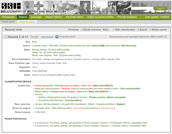 How can the Bibliography of British and Irish History (BBIH) help me? : researching the English and British Civil Wars and the Commonwealth and Protectorate period