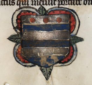 Family arms taken from a book. There is a faded shield with dots and stripes. It is in front of a design that could be a rose or flower of some sort.