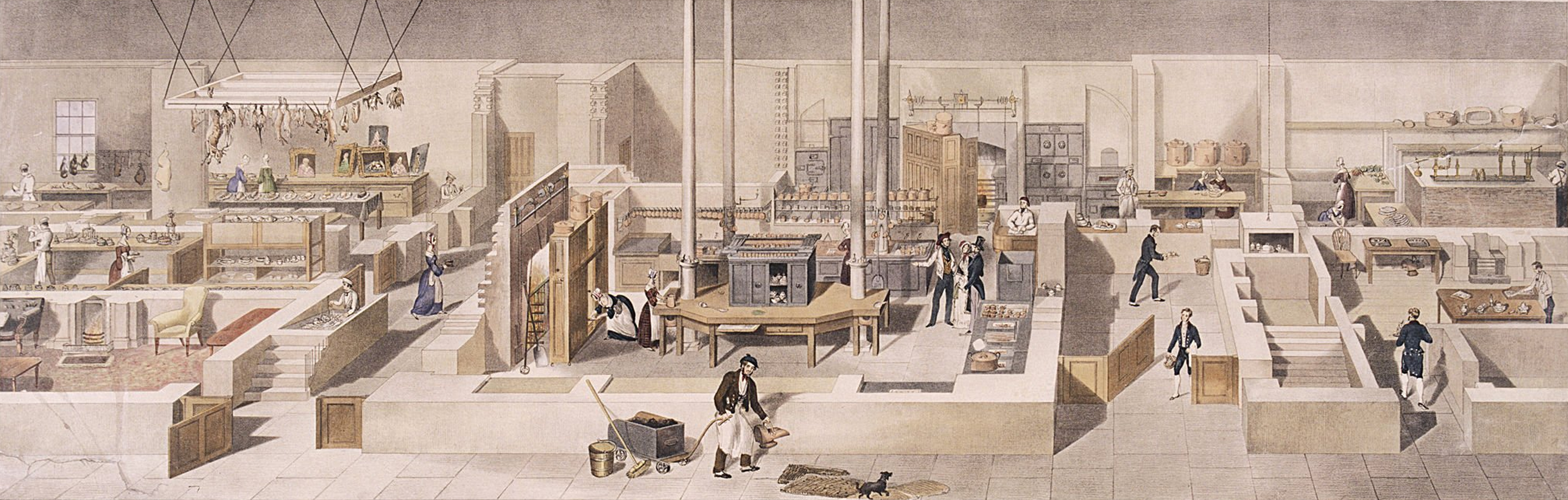 A print showing multiple kitchen areas. In the centre is an oven. There are sections were food preparation is happening, one where poultry is hung from railings from the ceiling, and a sitting area. Many people are cooking, preparing food, and cleaning. There is also a dog.