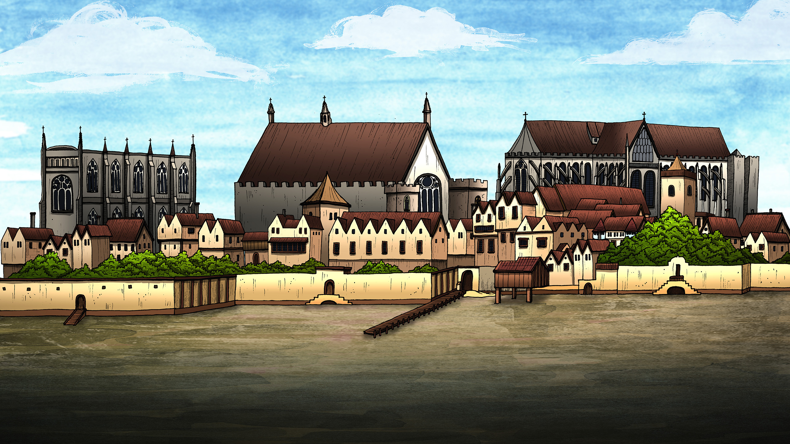 An illustration over the Palace of Westminster viewed from the other side of the Thames. There is a river in front, and behind are multiple buildings including an abbey. The sky is blue with some clouds.