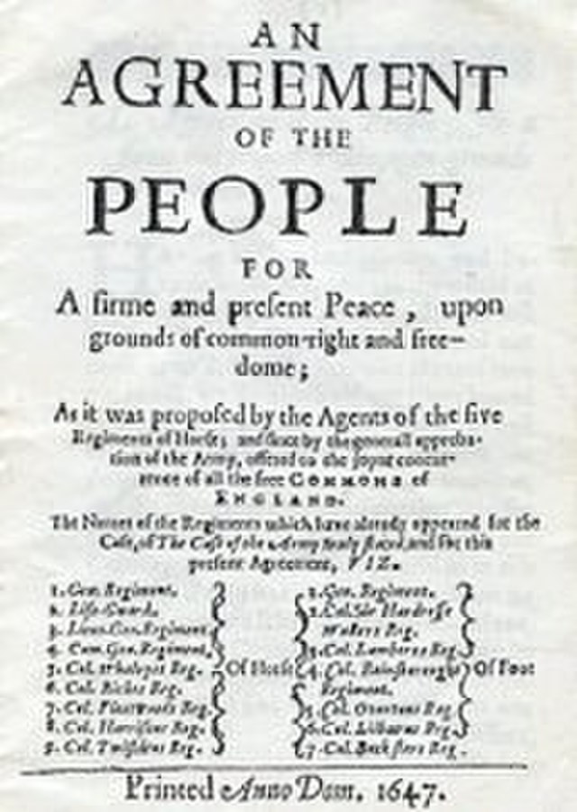 "An agreement of the people for a firm and present peace, upon grounds of common right and freedom; As it was proposed by the agents of the five" The rest of the agreement is too blurred to read.