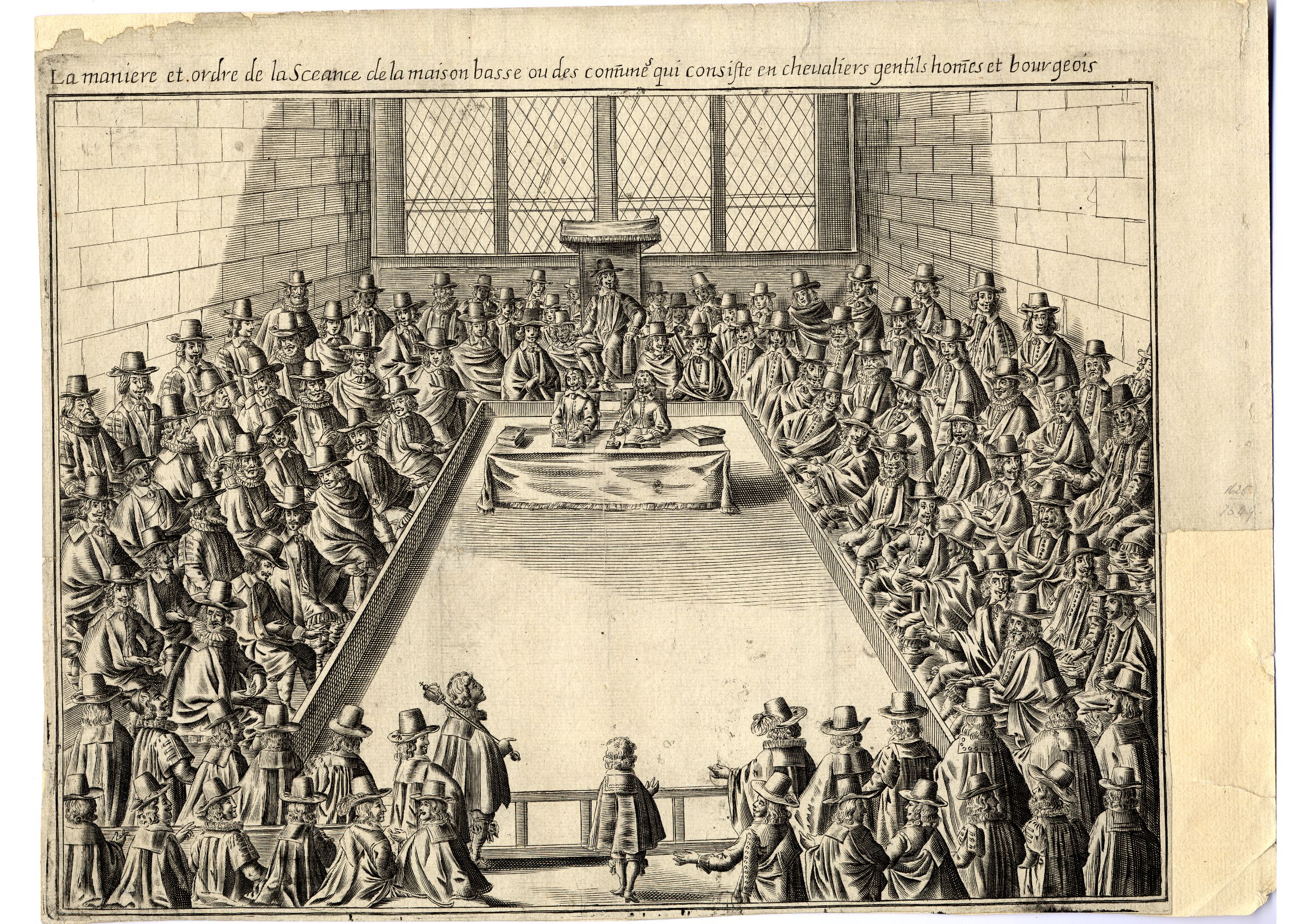 Sepia sketch of a large room. High windows at the back of the room. In the centre of the room is a table in the middle, with two men at at it. They have a book sat next to them. Behind them is a high chair. A man in embroidered robes and a wide brimmed hat sits on the chair. At the front of the image a man in a cape stands, with a large mace in his hand; it is a large pole with a crown at the end, held over his shoulder. The middle is surrounded by hundreds of other figures, all wearing ruffled collars and wide brimmed hats. They are talking among themselves and facing the centre of the room.