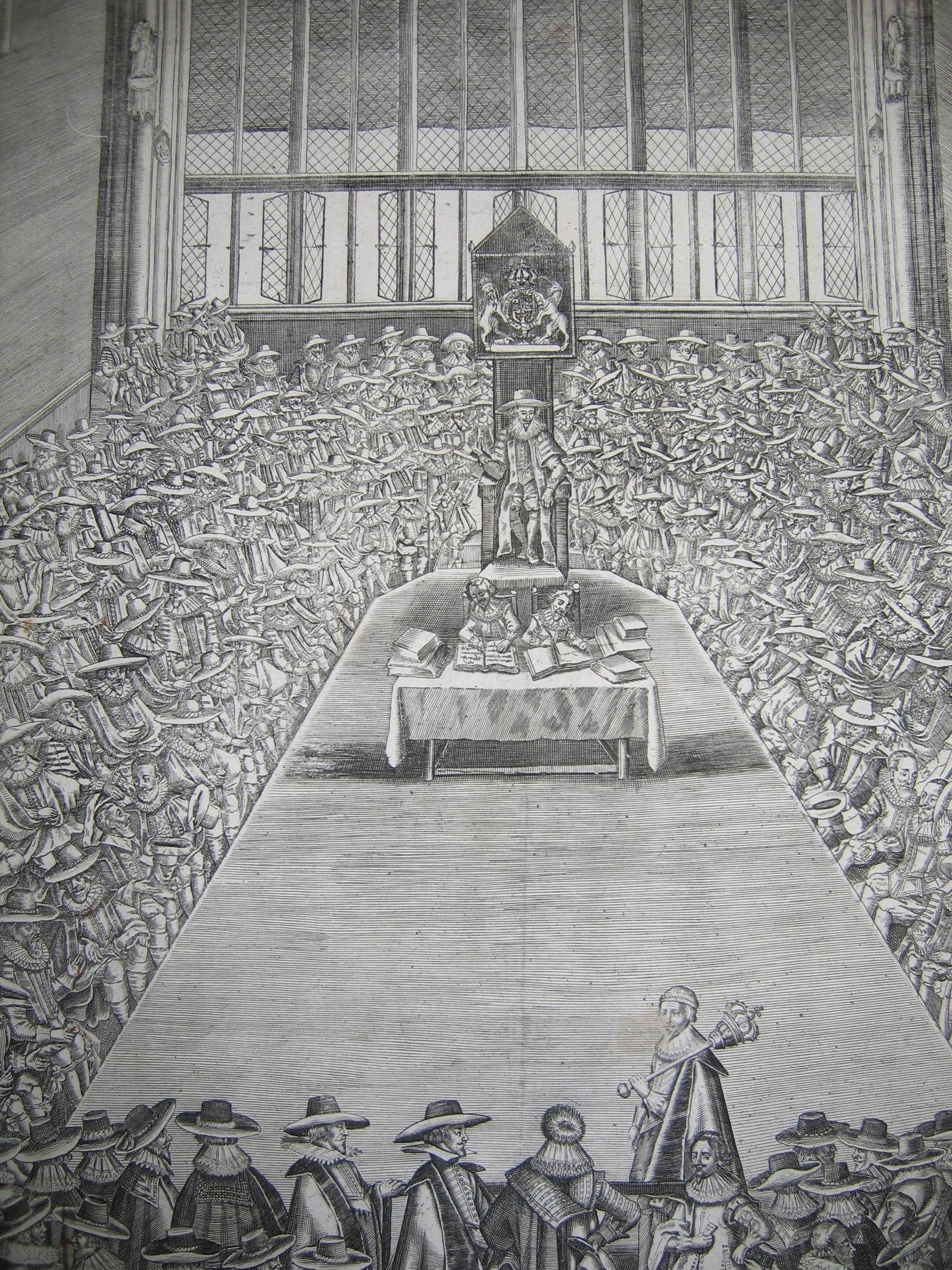 Black and white sketch of a large room. High windows at the back of the room at open. In the centre of the room is a carpeted area, with a table in the middle, with two men at at it. They have books stacked around them and are writing. Behind them is a high chair with the Royal Crest of a lion and unicorn carved into the top. A man in embroidered robes and a wide brimmed hat sits on the chair. At the front of the image a man in a cape stands facing a crowd, with a large mace in his hand; it is a large pole with a crown at the end, held over his shoulder. The carpet is surrounded by hundreds of other figures, all wearing ruffled collars and wide brimmed hats. They are talking among themselves and facing the centre of the room.