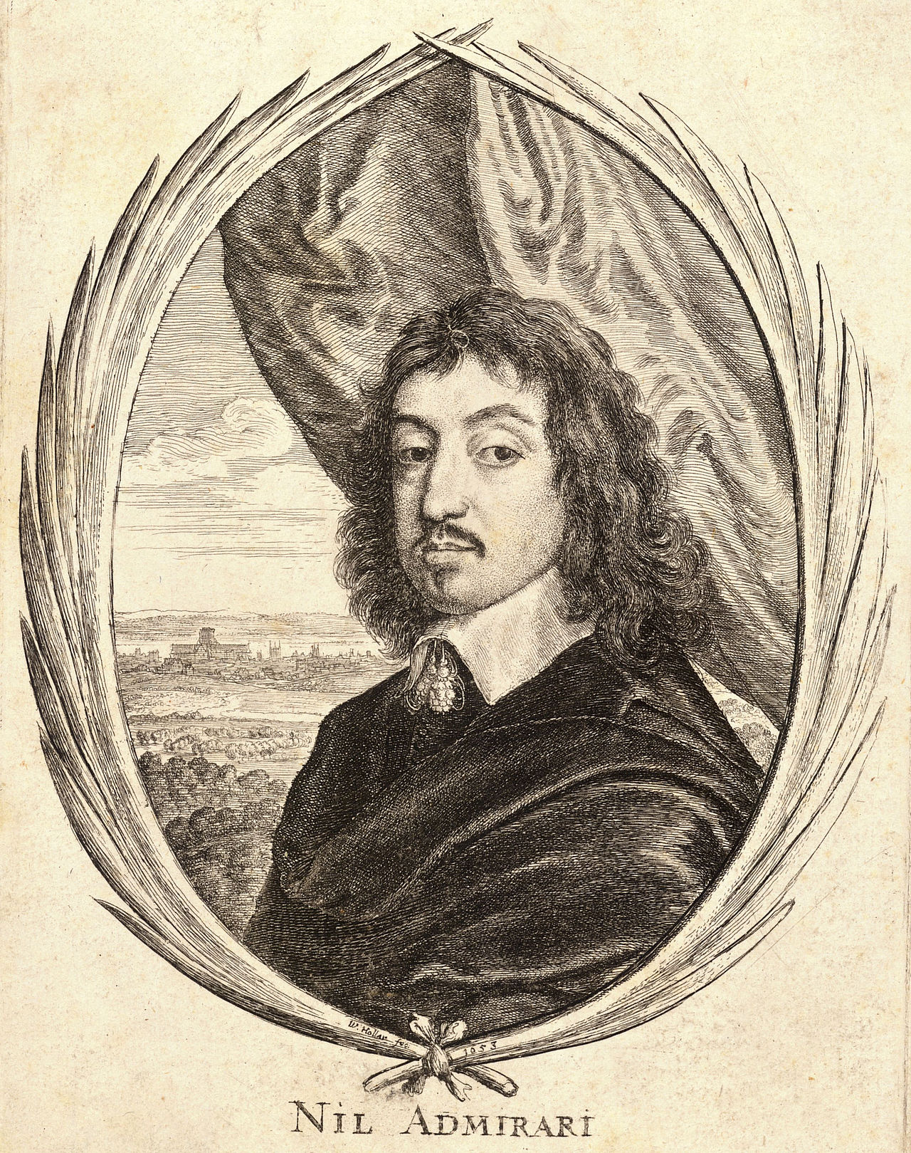 A drawing of the head and shoulders of a man. He is sideways on with his head facing out. He has shoulder length curly hair, a moustache and goatee. In the background is a town with a church.