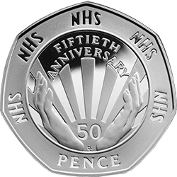 A photograph of a 50p coin. Around the outside of the coin the word NHS is repreated, in the centre are two hands holding to number 50 with light beaming out and the words 'fiftieth anniversary' at the top.