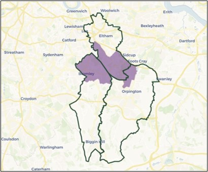 A map that has an old constituency coloured in purple that has been split by three lines into new constituencies.