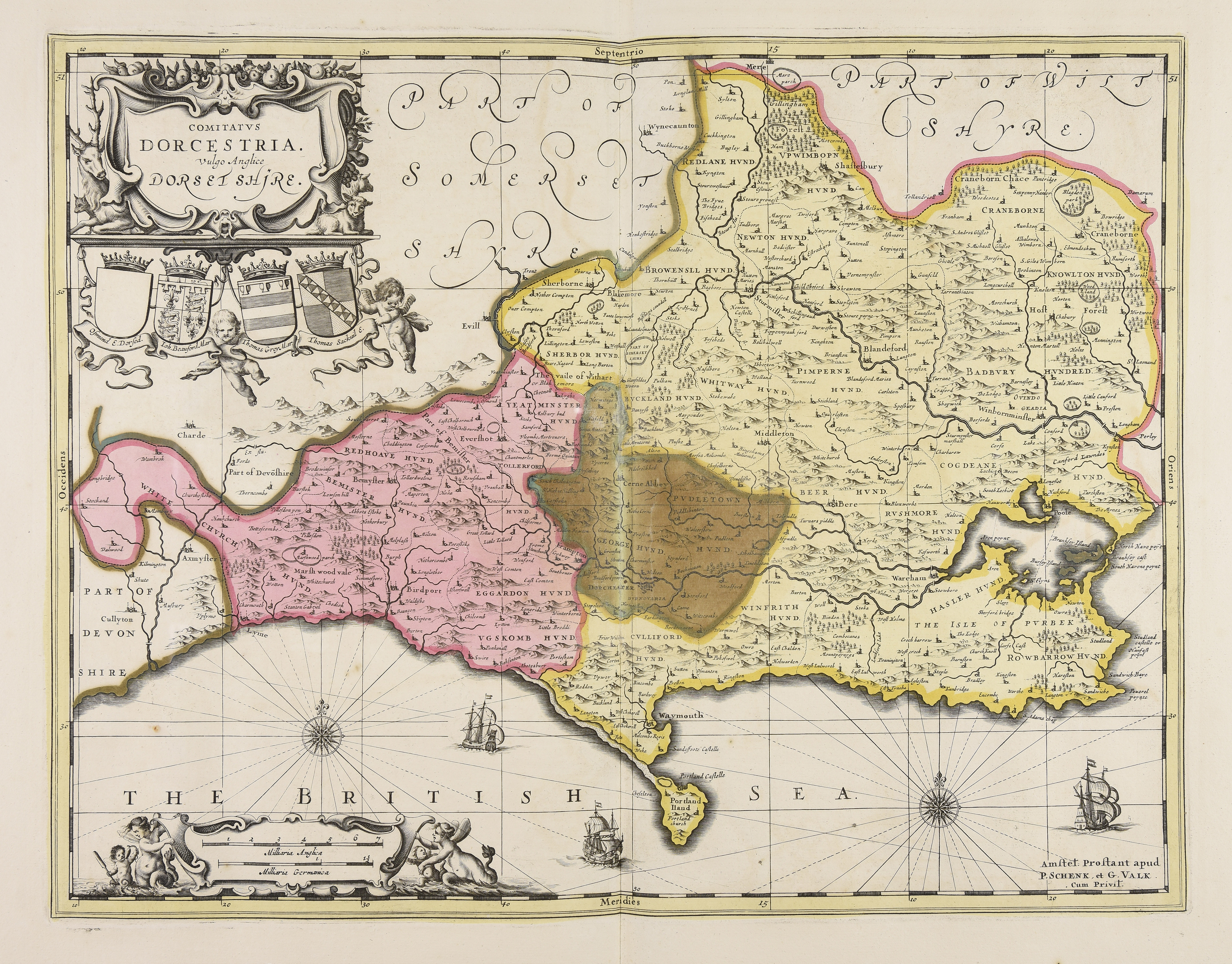 A map that is coloured in yellow and pink. There are town names and symbols of mountains. At the top is a 'part of Somersetshire' and a part of 'Wiltshire', at the bottom is The British Sea. 