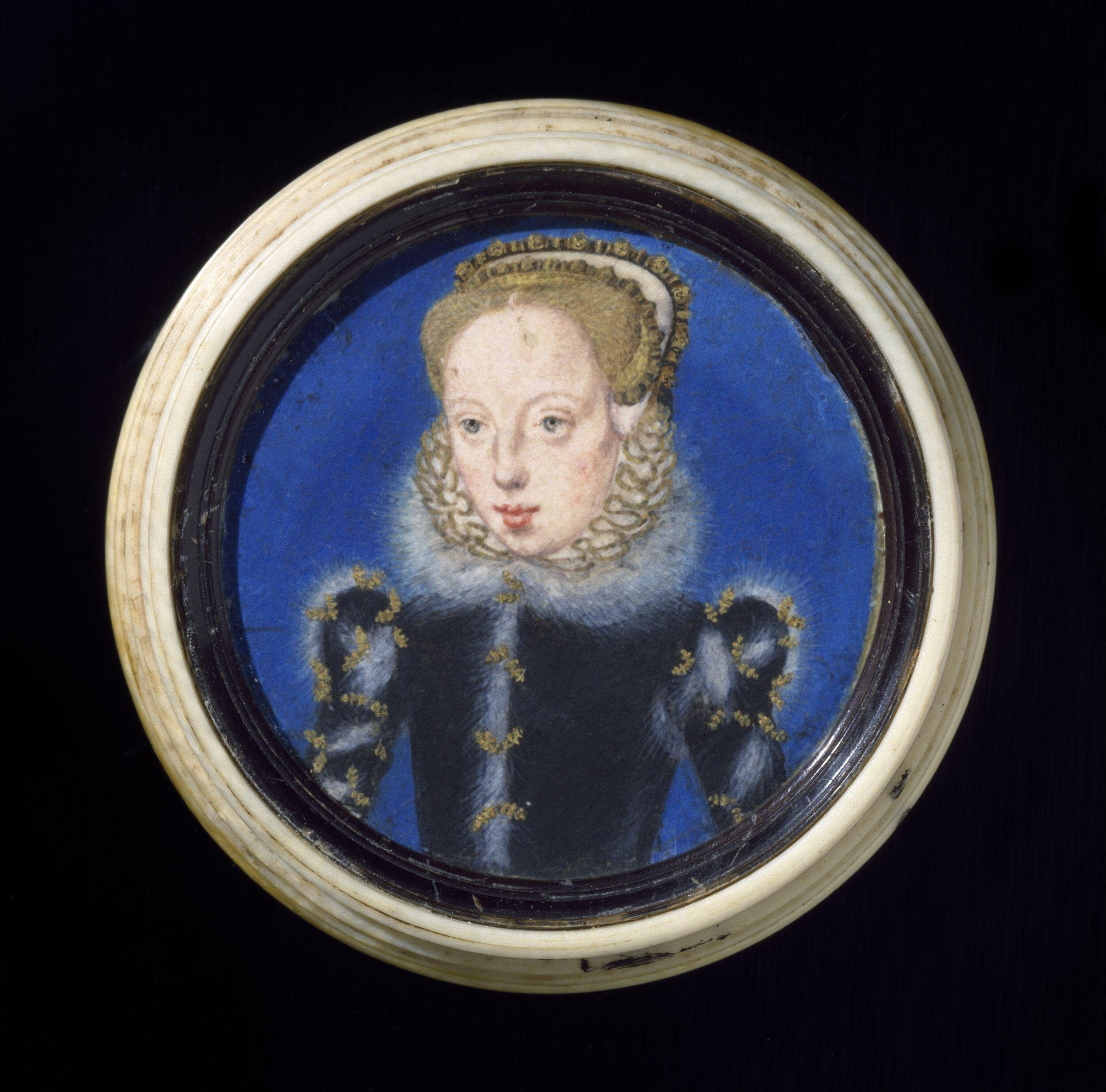 A portrait in a circular frame of a white woman with blonde hair. She is wearing blue clothing, a white ruffled collar with gold trim, and a white head piece with gold trim.