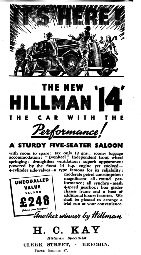A black and white advert for a car. The image has a car with three men and two women surrounding. It says 'The new Hillman 14 The car with the Performance! A sturdy five-seater saloon with room to spare. Unequaled value saloon £248. Another winner by Hillman.'