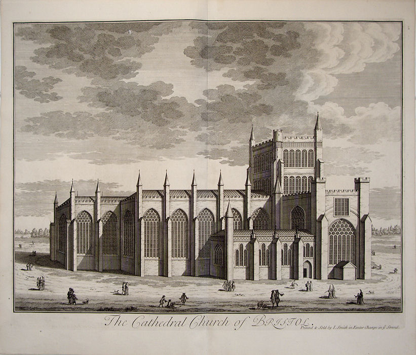Line drawing of Bristol Cathedral, black pencil on off white coloured paper. The Cathedral is in the centre of the image, with the door on the right hand side. A variety of people are drawn around the grounds of the Cathedral, with clouds overhead.