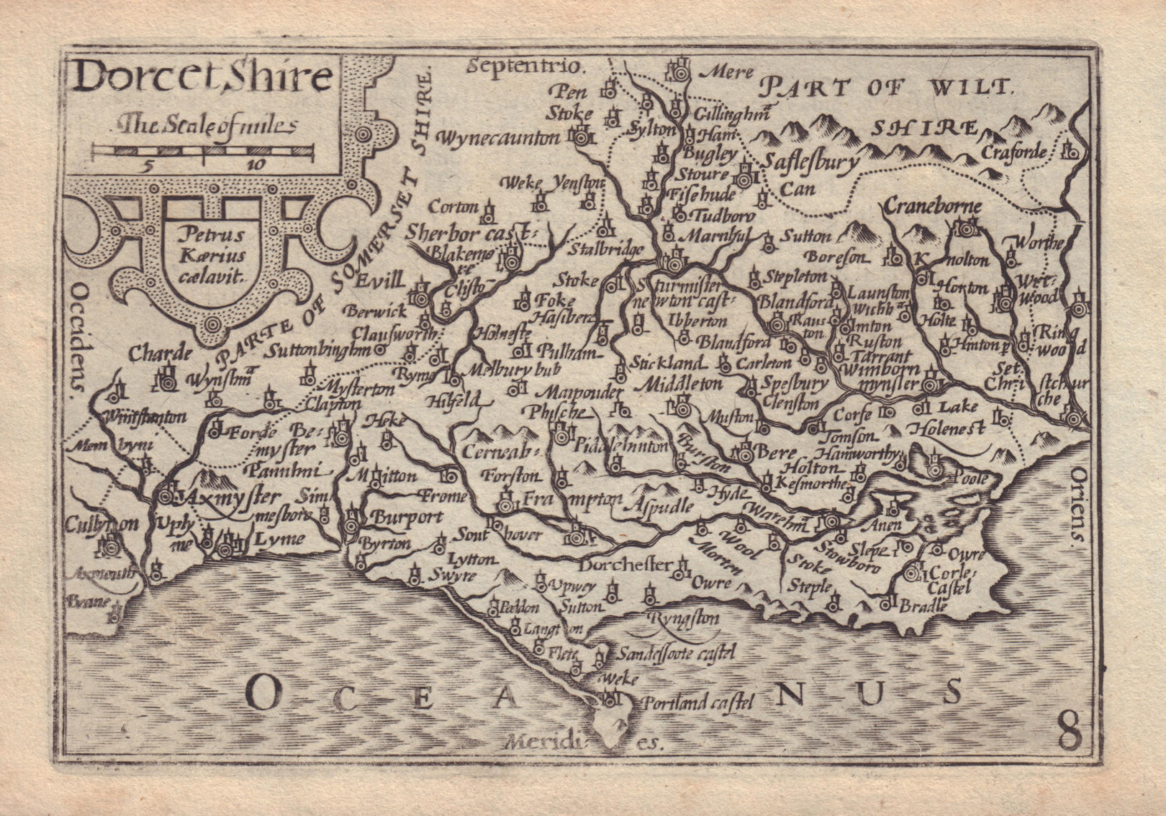 Map of Dorsetshire from 1599. Map is in black ink on off-white coloured paper. At the bottom of the map reads 'Oceanus'.